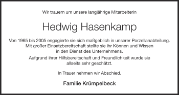 Anzeige von Hedwig Hasenkamp von OM-Medien