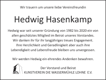 Anzeige von Hedwig Hasenkamp von OM-Medien