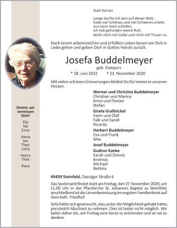 Anzeige von Josefa Buddelmeyer von OM-Medien