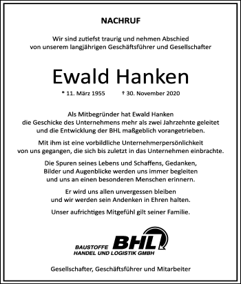 Anzeige von Ewald Hanken von OM-Medien