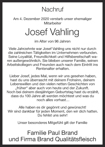 Anzeige von Josef Vahling von OM-Medien