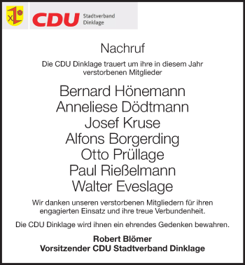 Anzeige von Nachruf CDU Dinklage von OM-Medien