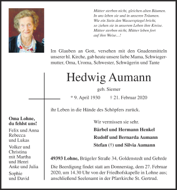 Traueranzeigen von Hedwig Aumann | om-trauer.de