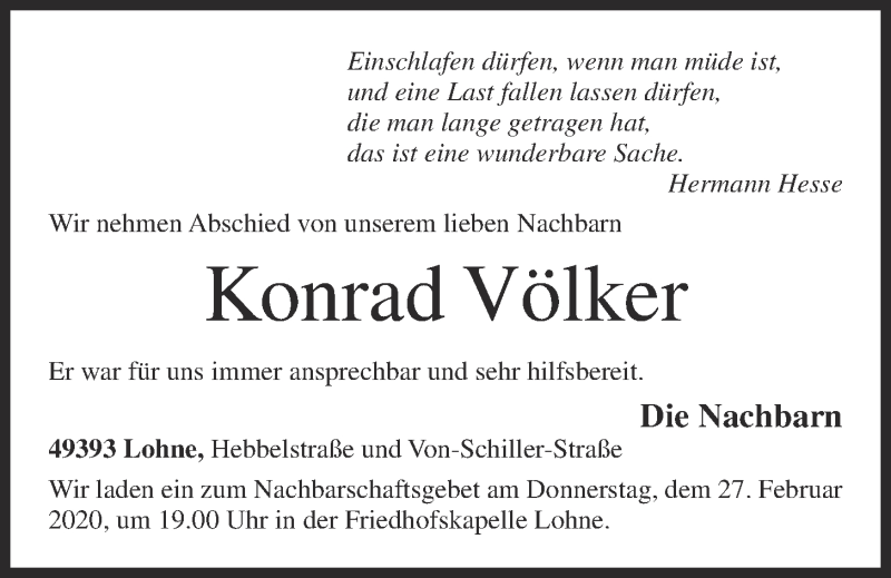  Traueranzeige für Konrad Völker vom 26.02.2020 aus OM-Medien