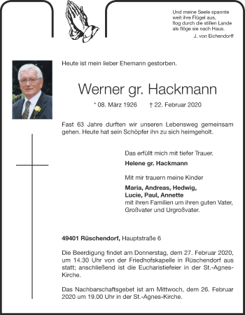 Anzeige von Werner Hackmann von OM-Medien