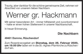 Anzeige von Werner gr. Hackmann von OM-Medien