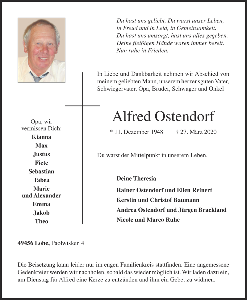  Traueranzeige für Alfred Ostendorf vom 28.03.2020 aus OM-Medien