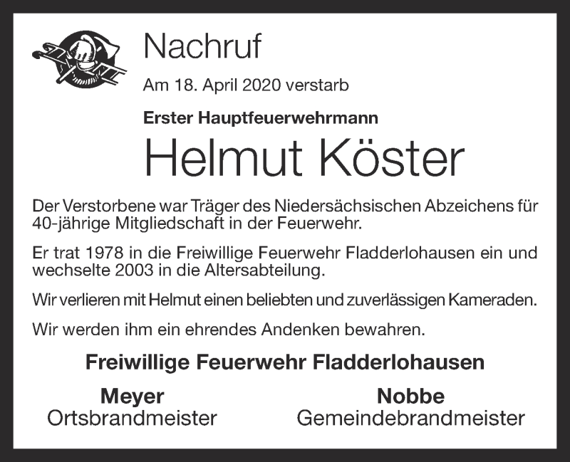  Traueranzeige für Helmut Köster vom 22.04.2020 aus OM-Medien