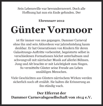 Anzeige von Günter Vormoor von OM-Medien