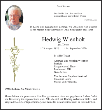 Anzeige von Hedwig Wienholt von OM-Medien