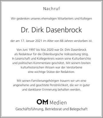 Anzeige von Dirk Dasenbrock von OM-Medien