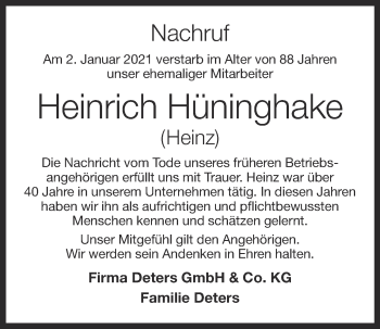 Anzeige von Heinrich Hüninghake von OM-Medien