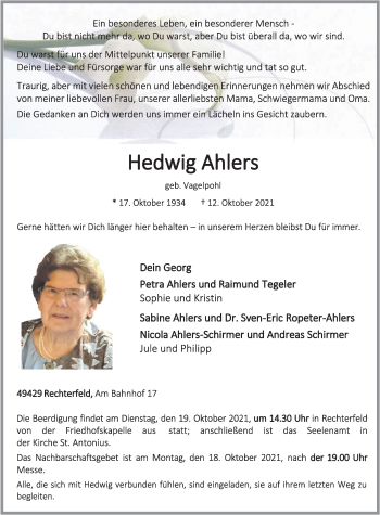 Anzeige von Hedwig Ahlers von OM-Medien