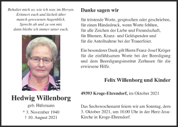 Anzeige von Hedwig Willenborg von OM-Medien