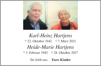 Anzeige von Karl-Heinz und Heide-Marie Hartjens von OM-Medien