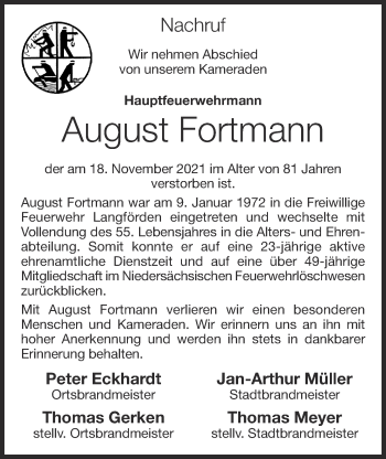 Anzeige von August Fortmann von OM-Medien