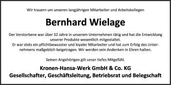 Anzeige von Bernhard Wielage von OM-Medien