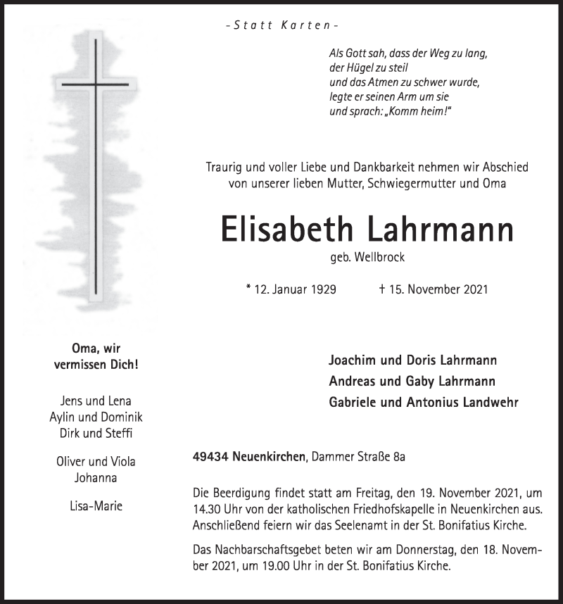  Traueranzeige für Elisabeth Lahrmann vom 17.11.2021 aus OM-Medien