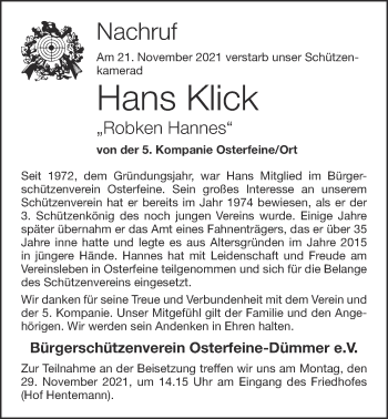 Anzeige von Hans Klick von OM-Medien