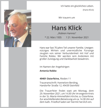 Anzeige von Hans Klick von OM-Medien