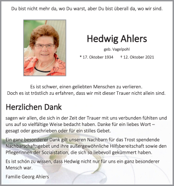 Anzeige von Hedwig Ahlers von OM-Medien