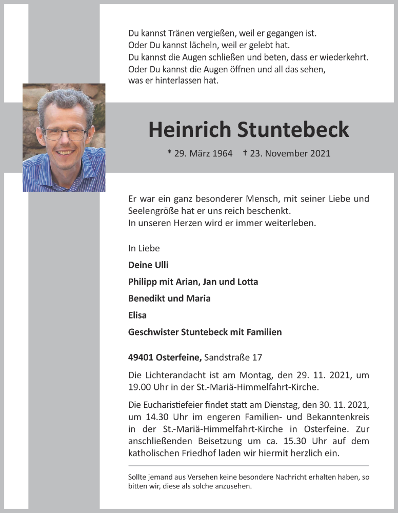  Traueranzeige für Heinrich Stuntebeck vom 26.11.2021 aus OM-Medien