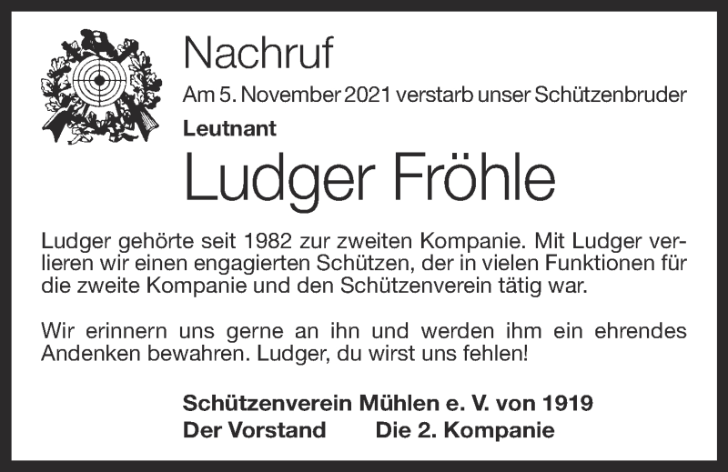  Traueranzeige für Ludger Fröhle vom 09.11.2021 aus OM-Medien