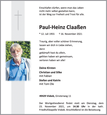 Anzeige von Paul-Heinz Claaßen von OM-Medien