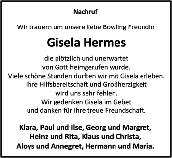 Anzeige von Gisela Hermes von OM-Medien