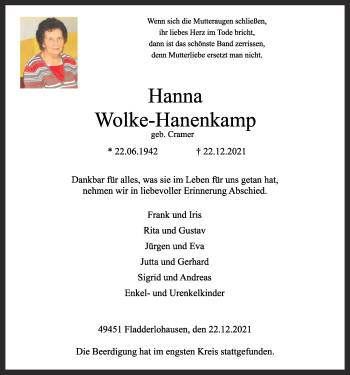 Anzeige von Hanna Wolke-Hanenkamp von OM-Medien