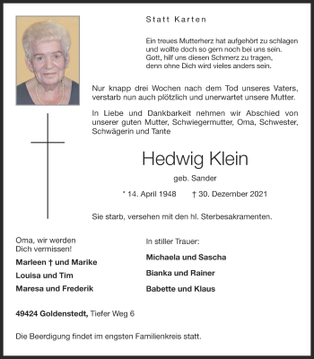 Anzeige von Hedwig Klein von OM-Medien