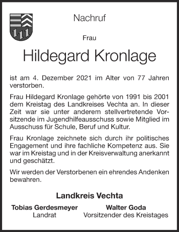 Anzeige von Hildegard Kronlage von OM-Medien