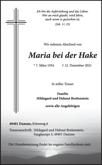 Anzeige von Maria bei der Hake von OM-Medien