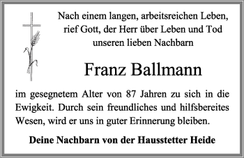 Anzeige von Franz Ballmann von OM-Medien