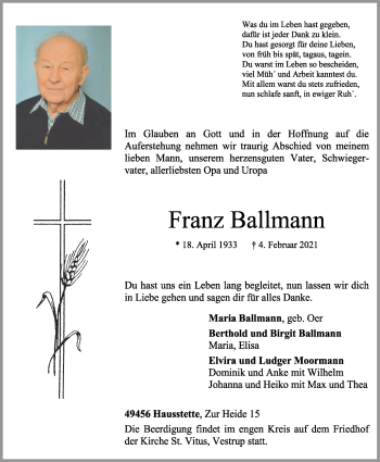 Anzeige von Franz Ballmann von OM-Medien