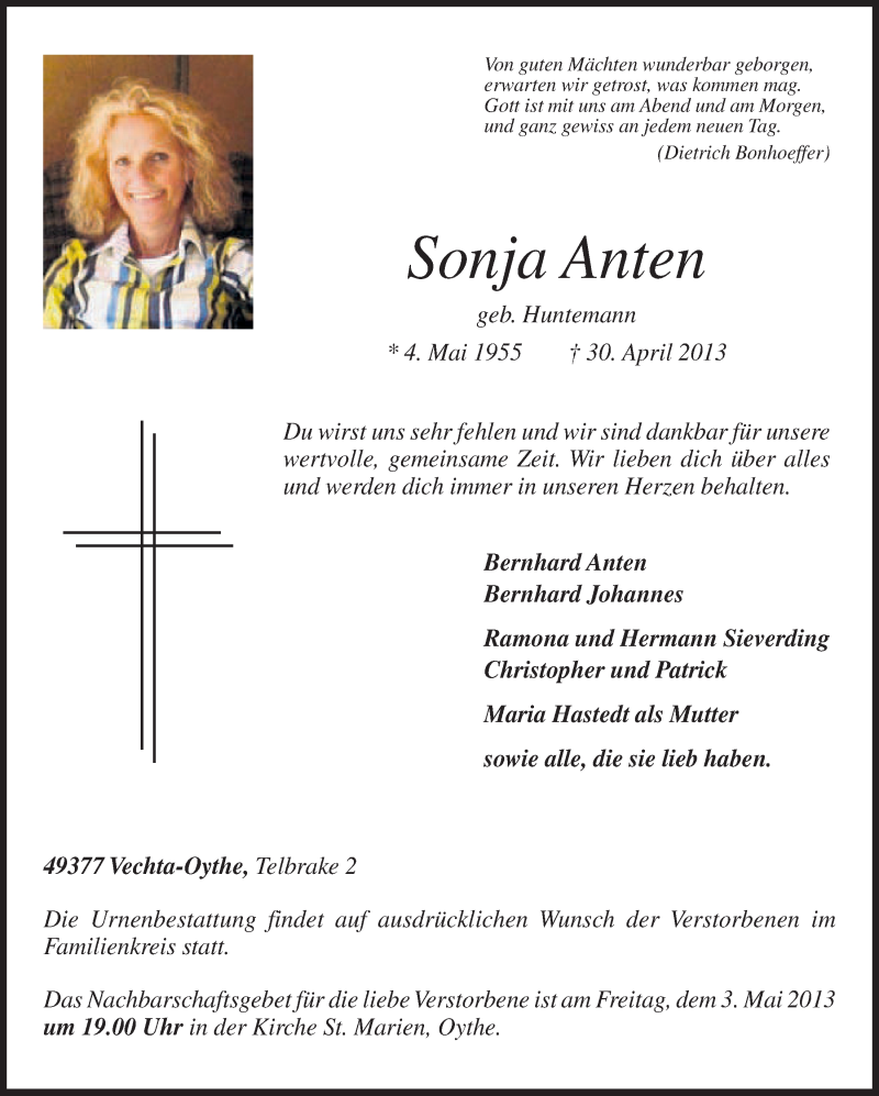  Traueranzeige für Sonja Anten vom 02.05.2013 aus OM-Medien