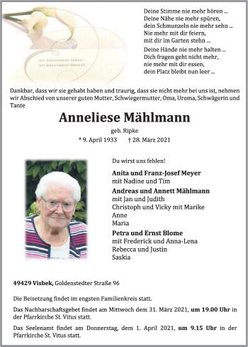 Anzeige von Anneliese Mählmann von OM-Medien