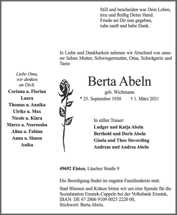 Anzeige von Berta Abeln von OM-Medien