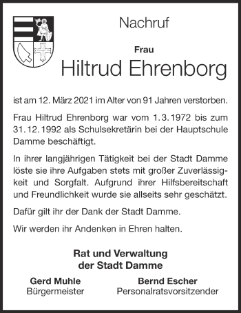 Anzeige von Hiltrud Ehrenborg von OM-Medien