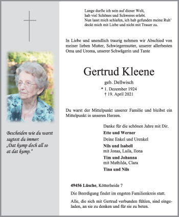 Anzeige von Gertrud Kleene von OM-Medien