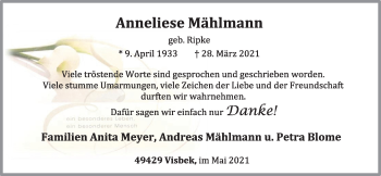 Anzeige von Anneliese Mählmann von OM-Medien