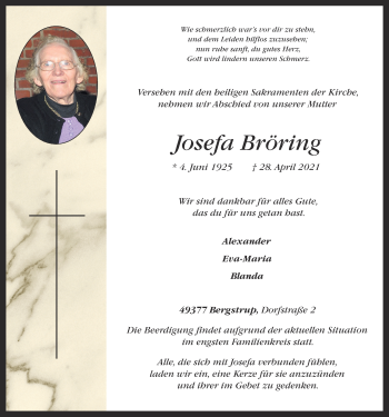 Anzeige von Josefa Bröring von OM-Medien