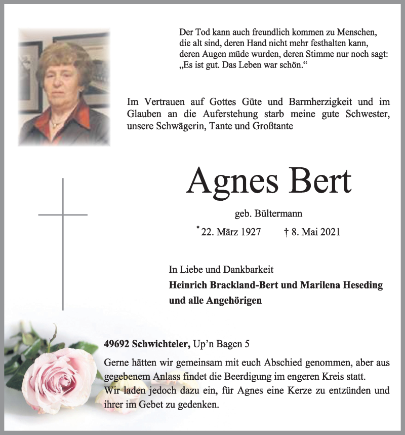 Traueranzeigen von Agnes Bert | om-trauer.de