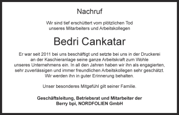 Anzeige von Bedri Cankatar von OM-Medien