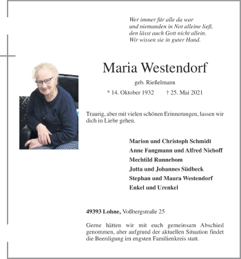 Anzeige von Maria Westendorf von OM-Medien