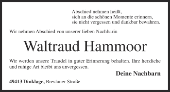 Anzeige von Waltraud Hammoor von OM-Medien