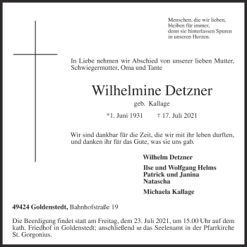 Anzeige von Wilhelmine Detzner von OM-Medien