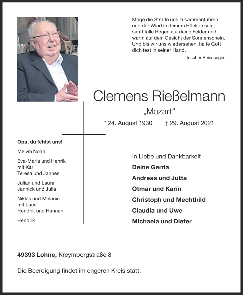  Traueranzeige für Clemens Rießelmann vom 31.08.2021 aus OM-Medien