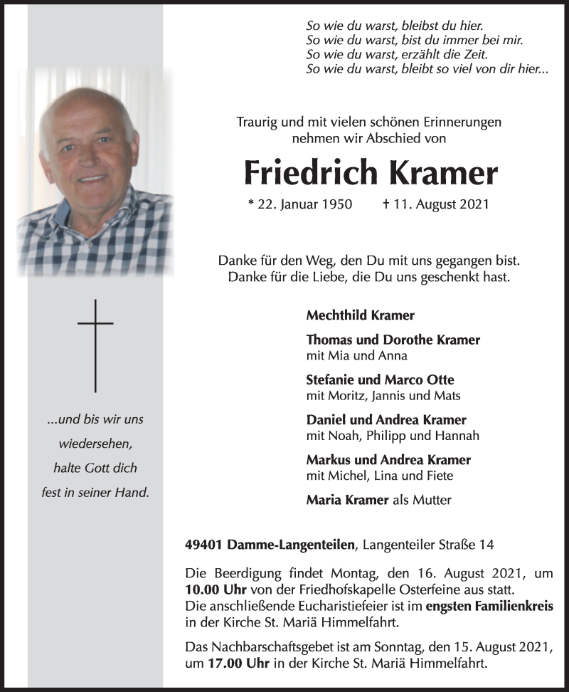  Traueranzeige für Friedrich Kramer vom 13.08.2021 aus OM-Medien