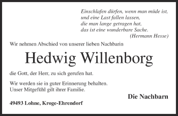 Anzeige von Hedwig Willenborg von OM-Medien